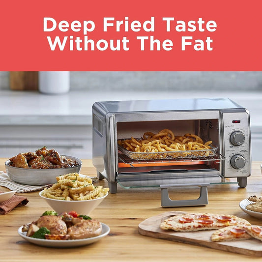 Air-fried fries and snacks prepared in the countertop oven