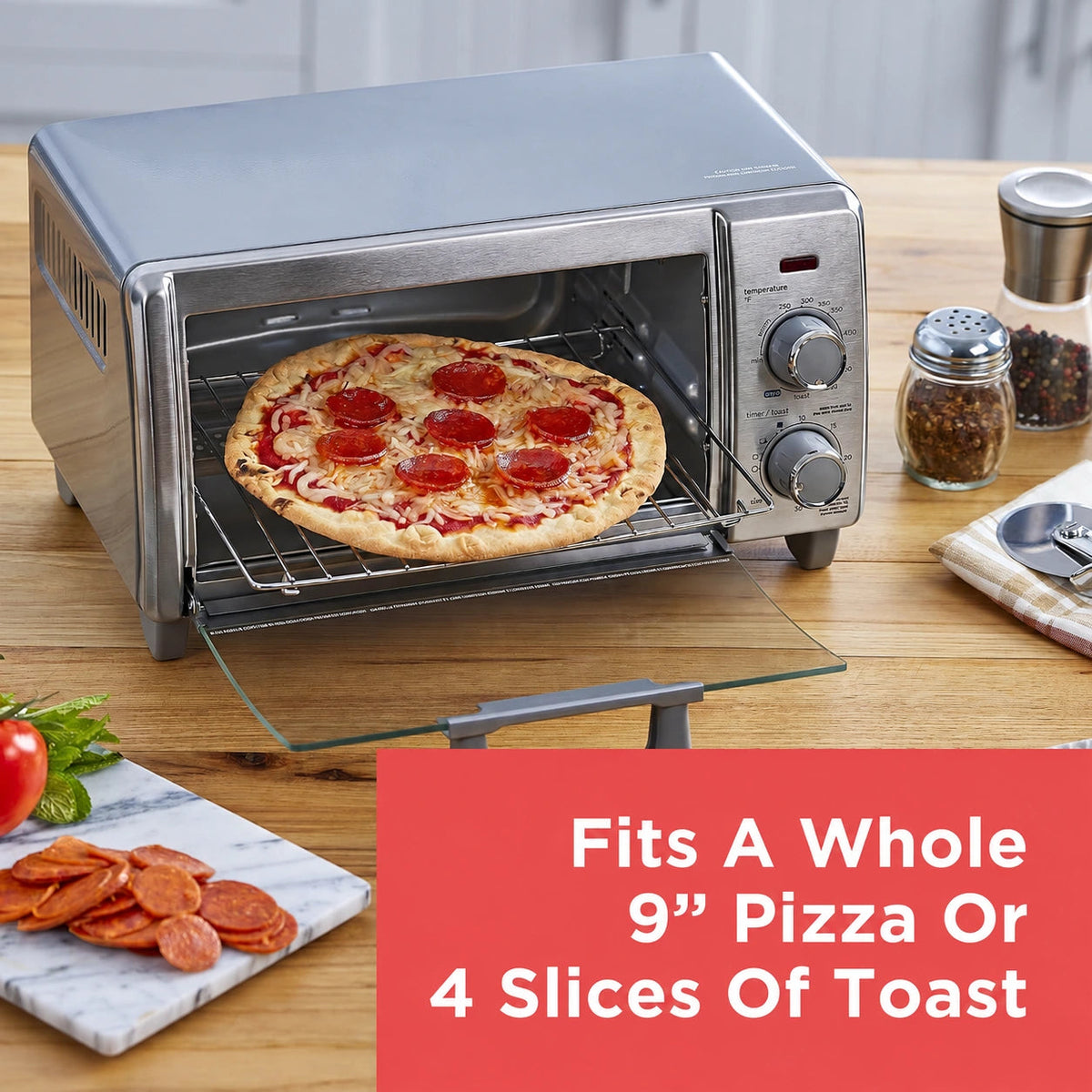 Countertop oven accommodating a nine-inch pizza