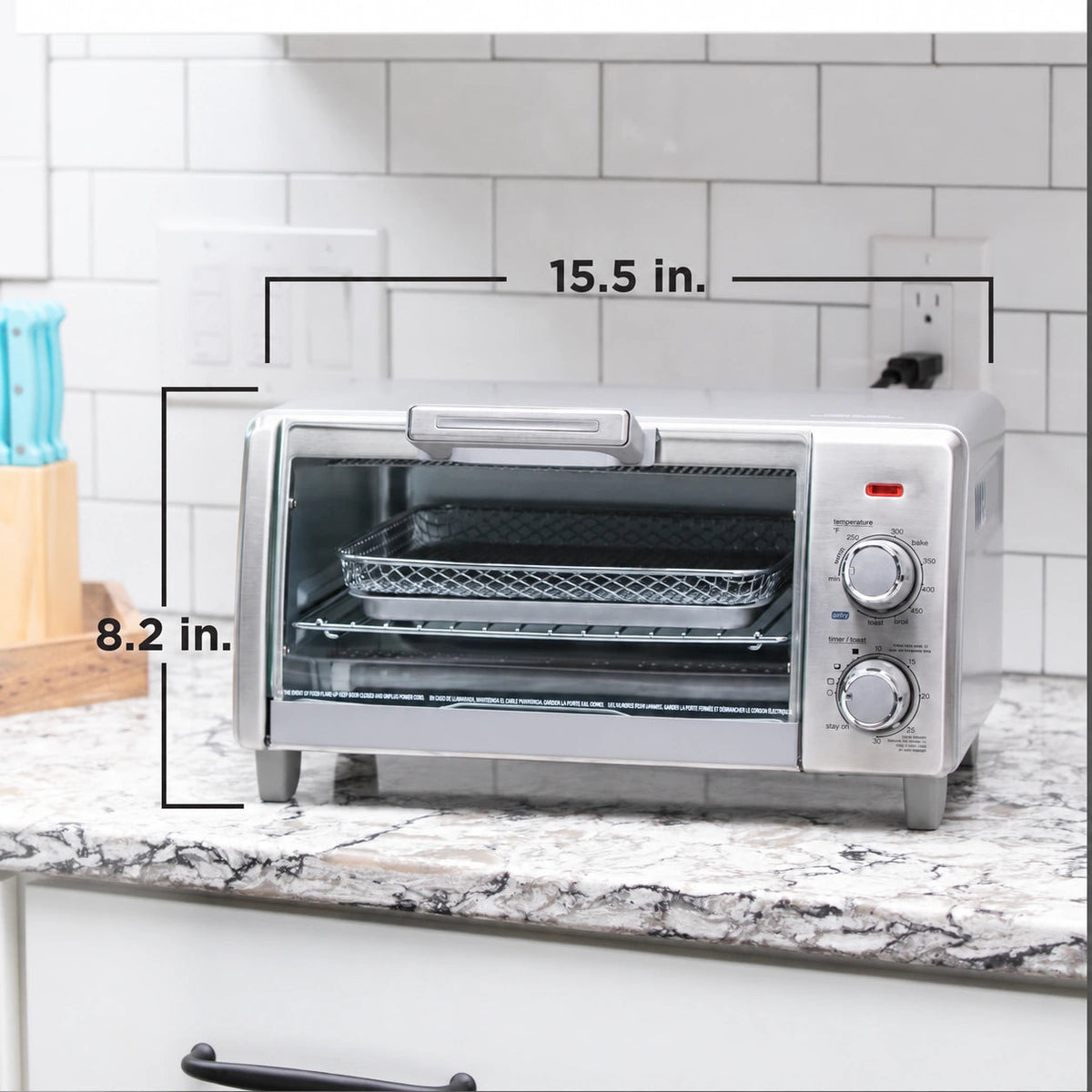 Compact toaster oven dimensions: 15.5 inches wide and 8.2 inches high