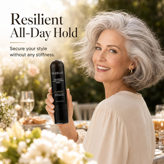 Peach-scented volumizing hair spray with a mature-hair styling example