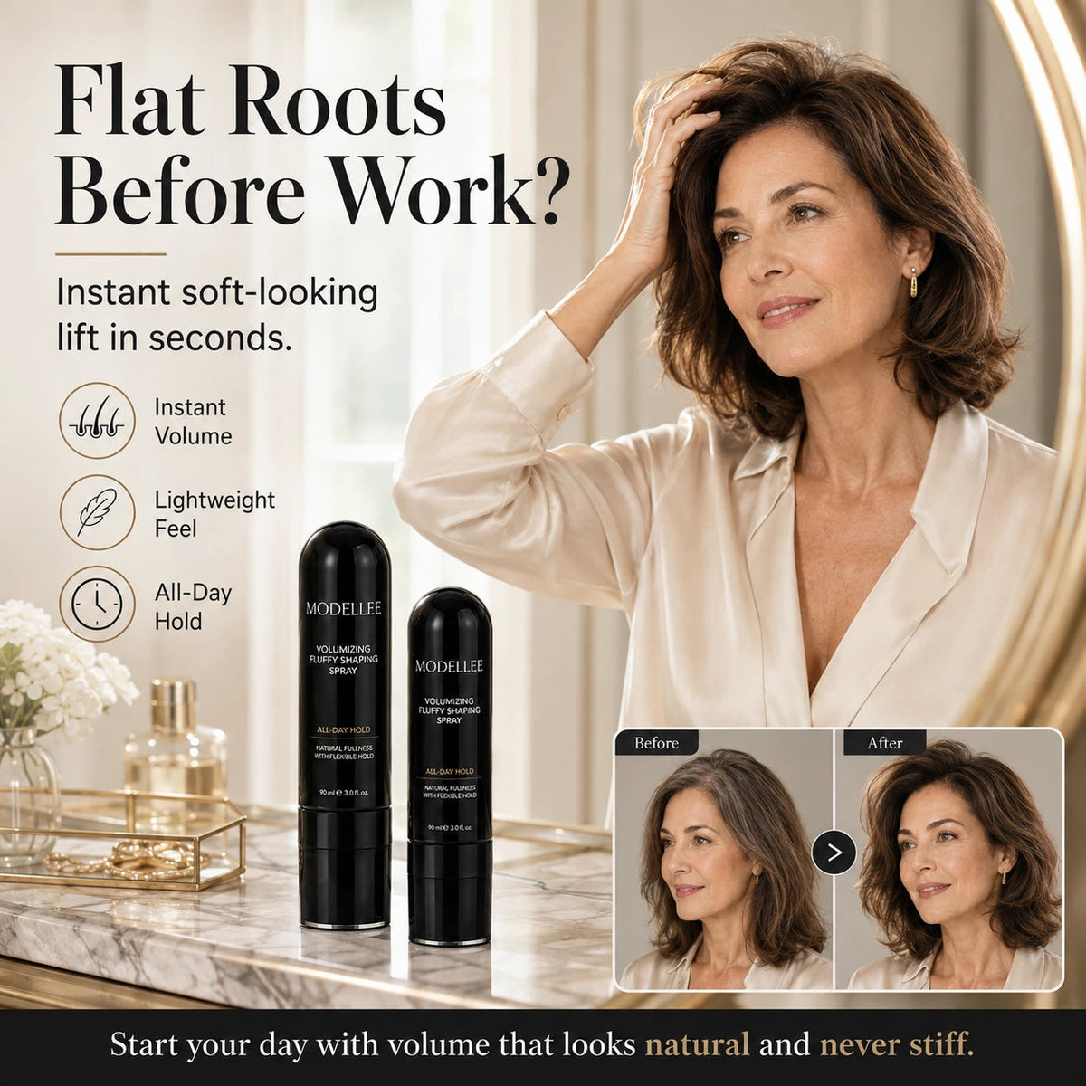 Morning hair styling with a lightweight feel and natural-looking volume