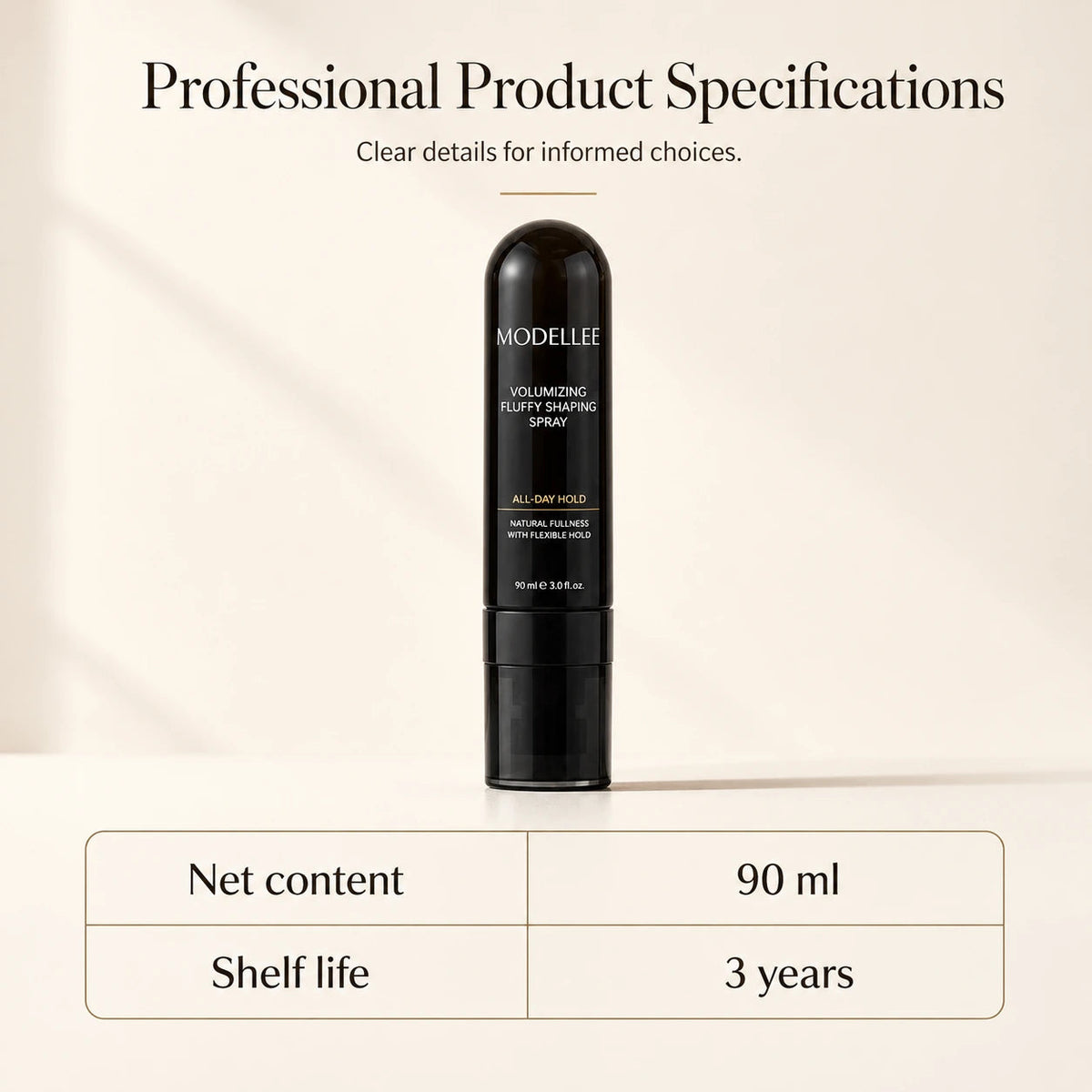 Product specifications showing 90ml net content and a three-year shelf life