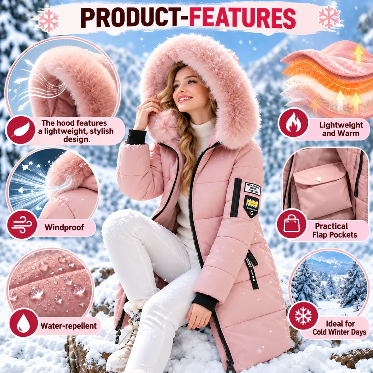 Pink hooded down coat – product features in English