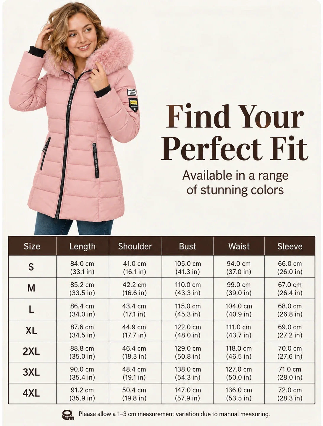 Women’s hooded down coat size chart – English, S to 4XL