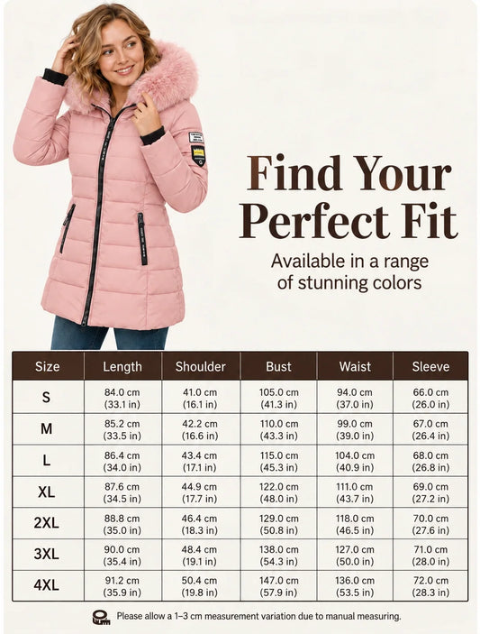 Women’s hooded down coat size chart – English, S to 4XL