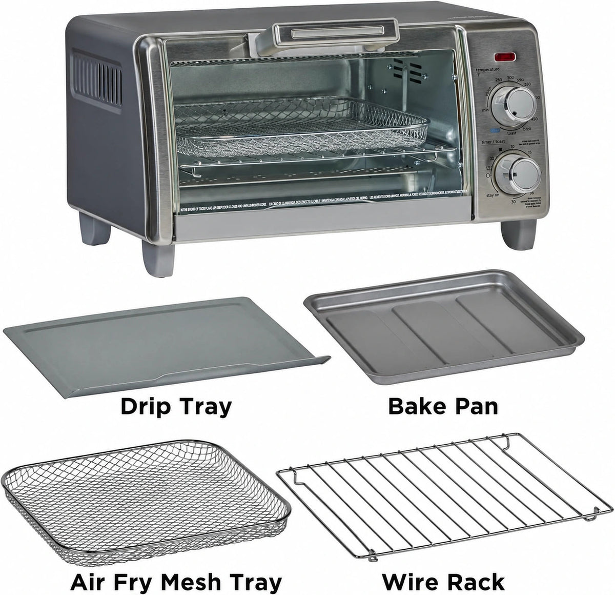 Toaster oven with removable drip tray, bake pan, air-fry mesh tray and wire rack